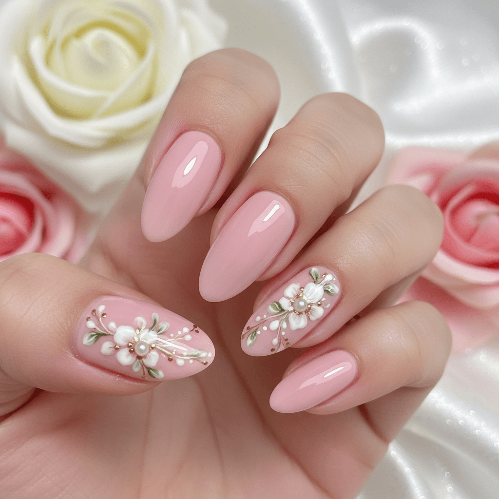 Close-up of beautifully manicured nails with elegant nail art and glossy pink polish