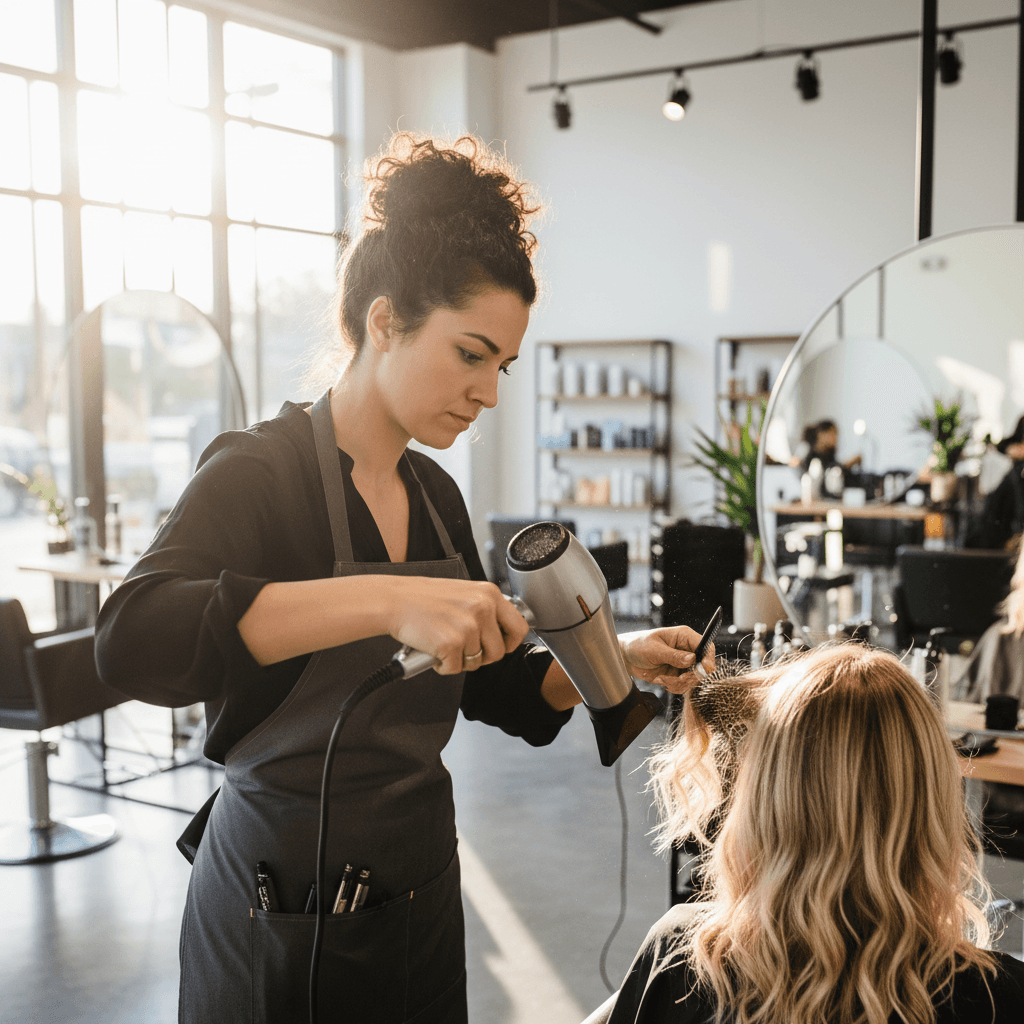 Skilled hair stylist blow-drying and styling a client's long flowing hair in a bright salon