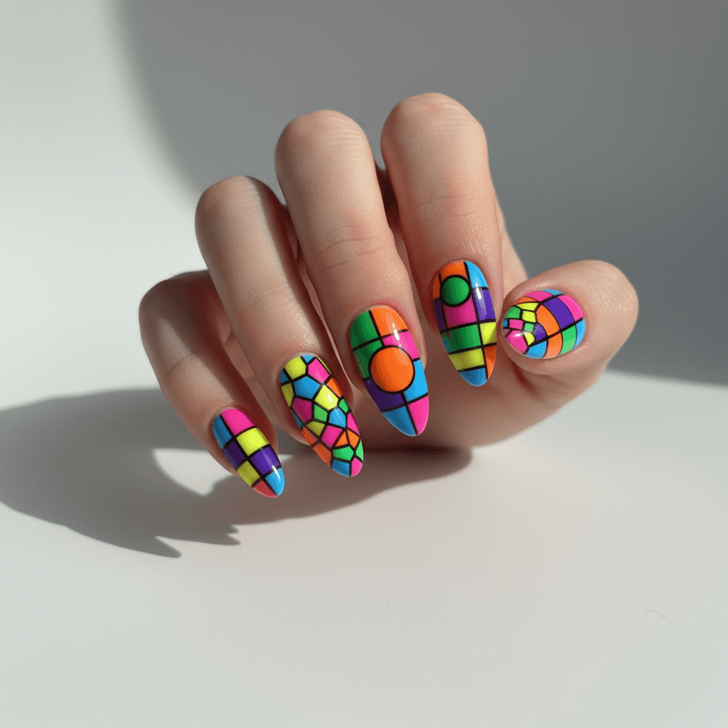Creative nail art featuring geometric patterns and vibrant colors on well-groomed nails