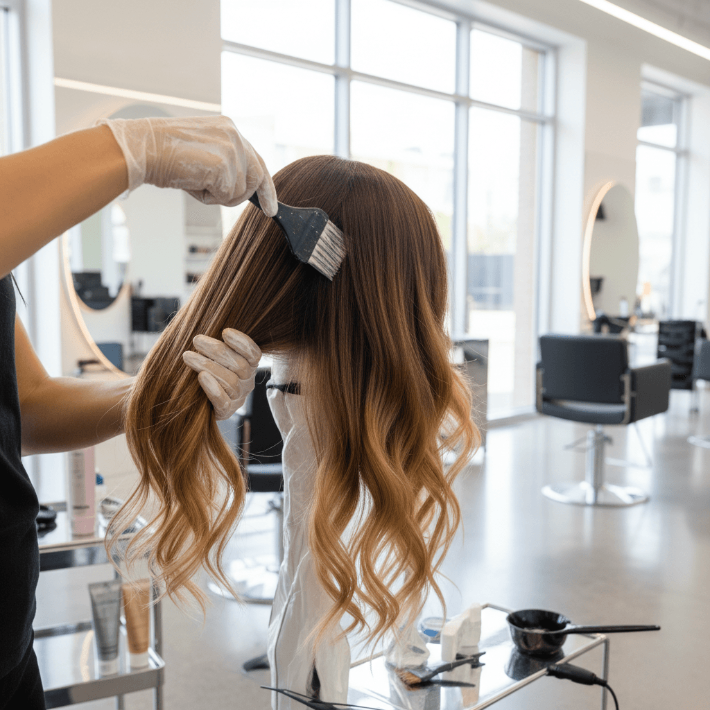 Professional hair coloring service showing vibrant balayage highlights on dark hair