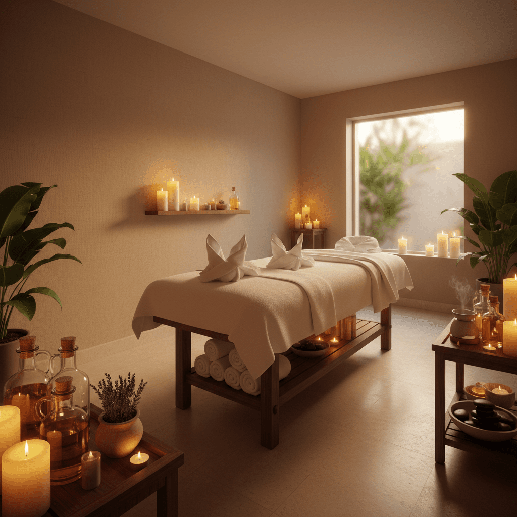 Luxurious spa treatment room with soft towels, candles, and serene atmosphere for relaxation