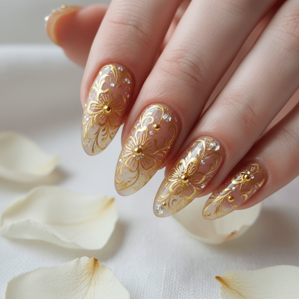 Elegant nail art with intricate floral designs on perfectly shaped nails with glossy finish