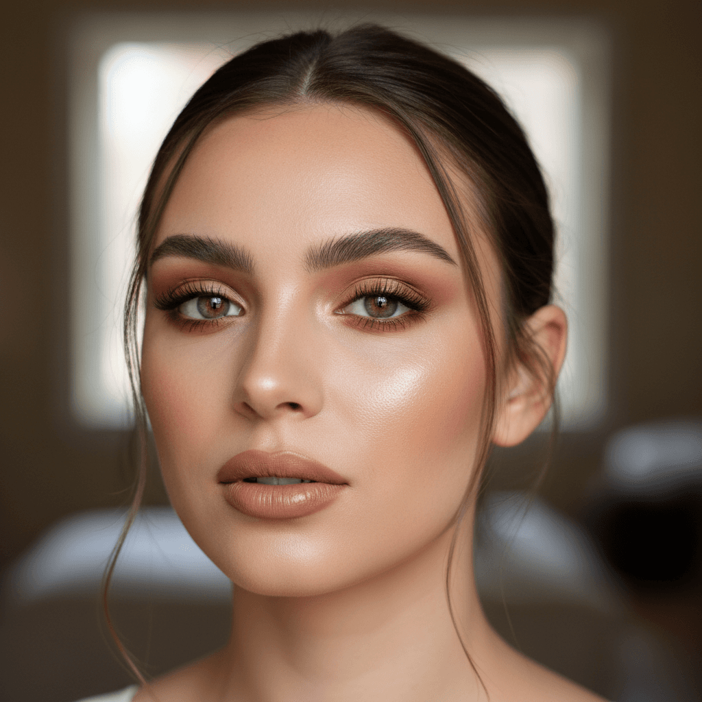 Professional makeup application with soft glam look featuring rosy cheeks and defined eyes