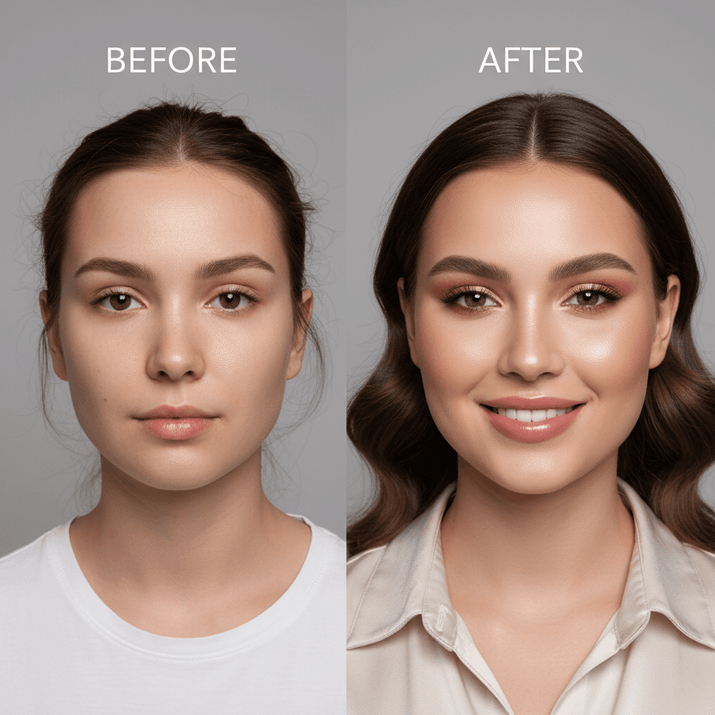 Beautiful woman with glowing skin and perfectly styled hair showcasing salon transformation results