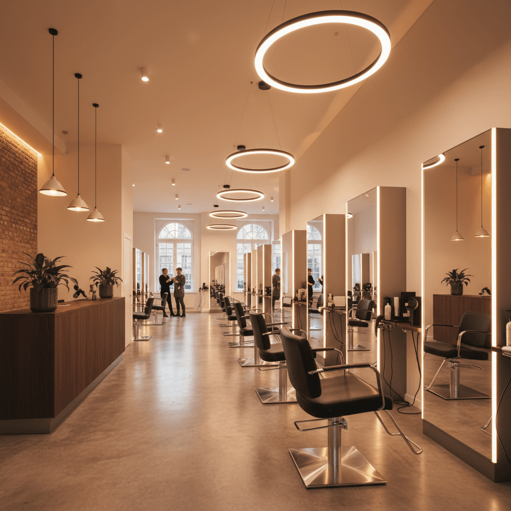 Modern beauty salon interior with elegant decor, styling chairs, and warm ambient lighting